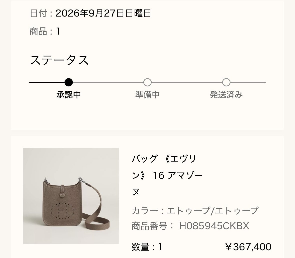 バッグ《エヴリン》16 アマゾーヌのご購入報告(エルメス公式オンラインストアの注文完了画面)