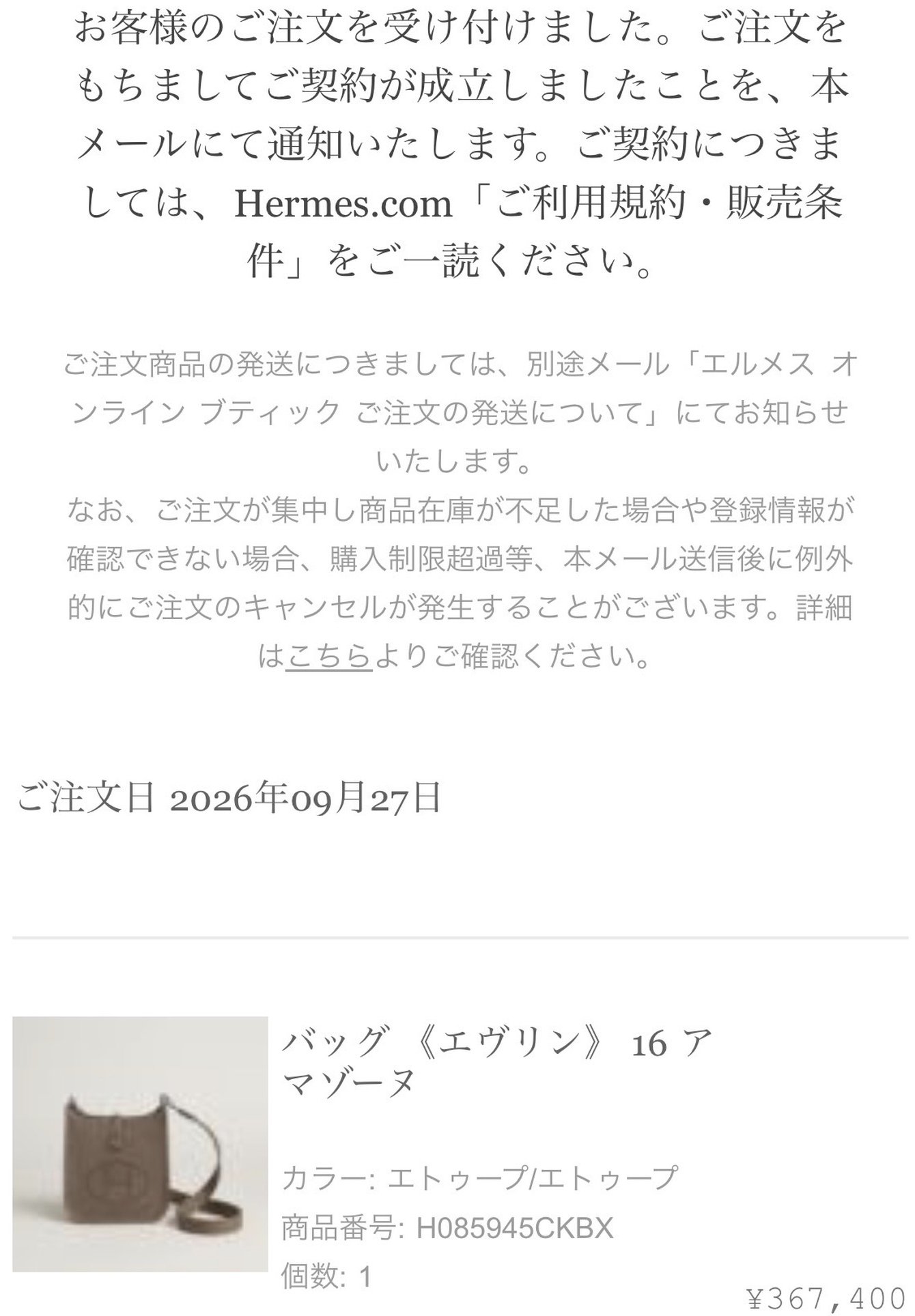 バッグ《エヴリン》16 アマゾーヌのご購入報告(エルメス公式オンラインストアの注文完了画面)